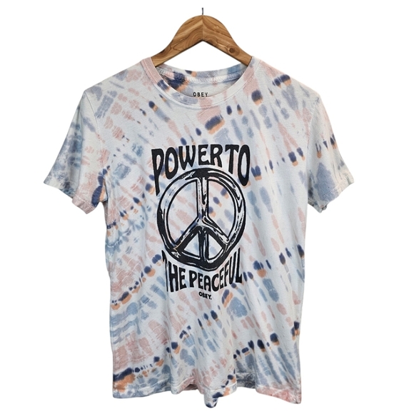 Obey Women's Power To The Peaceful Tie-Dye Peace Graphic Tee Size Medium Artsy - Picture 1 of 11